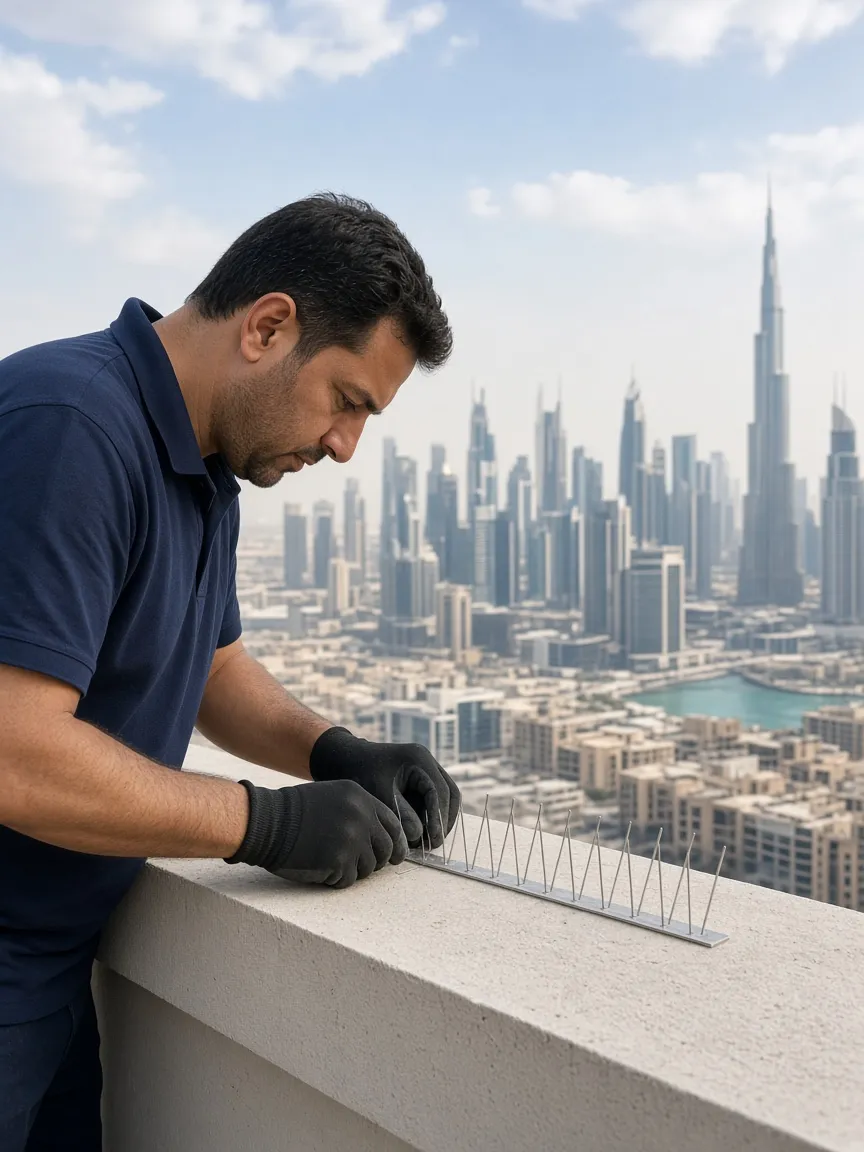 Technician fitting bird spikes on a rooftop ledge