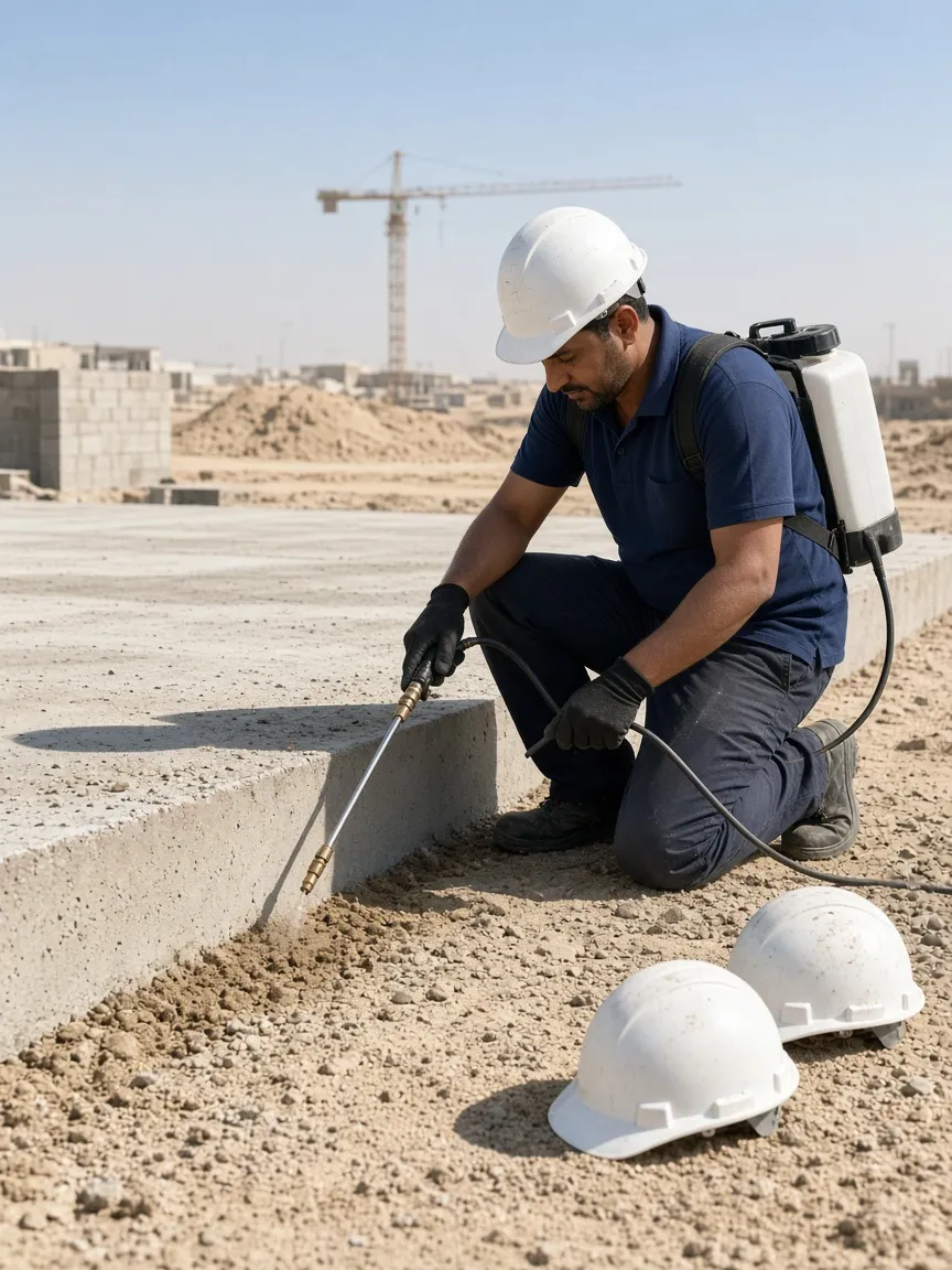 Technician treating the soil edge of a new building slab