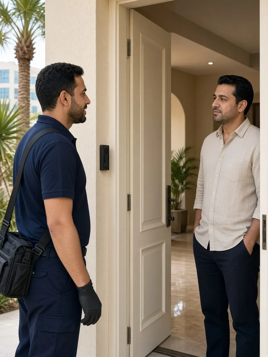 Technician speaking with a homeowner at a villa door