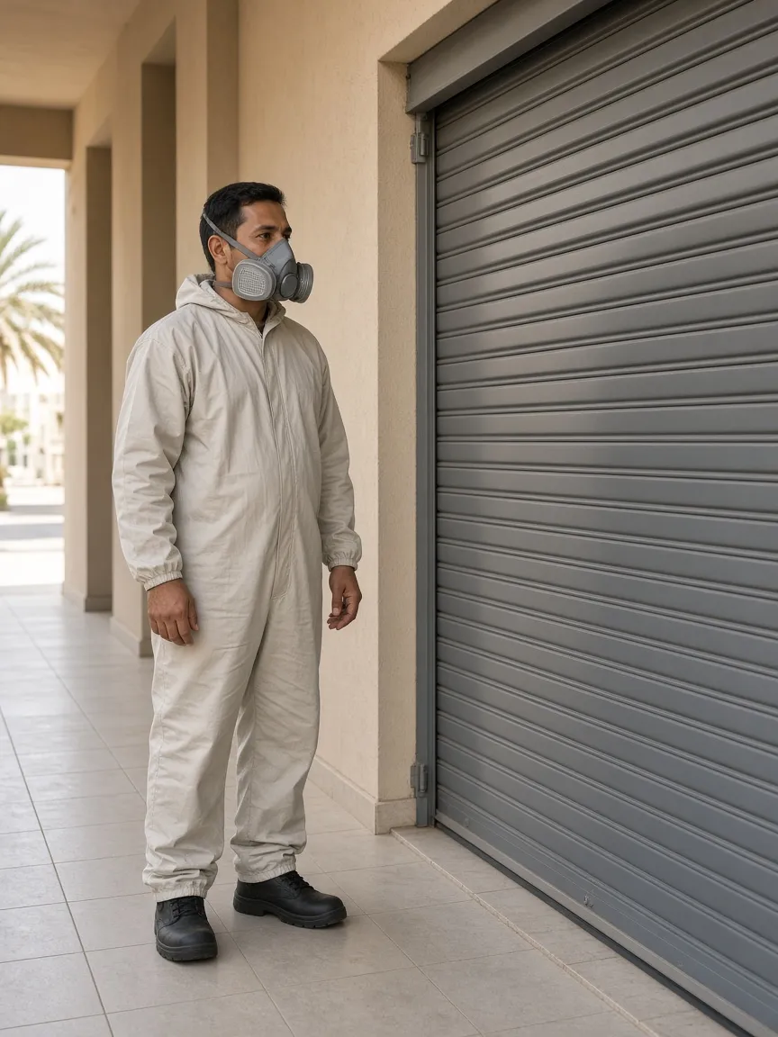 Technician in protective gear outside a sealed storeroom
