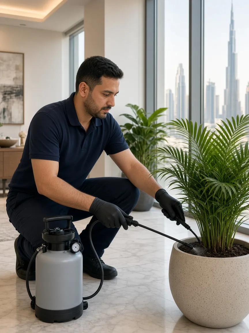 Technician using a low-pressure sprayer near indoor plants