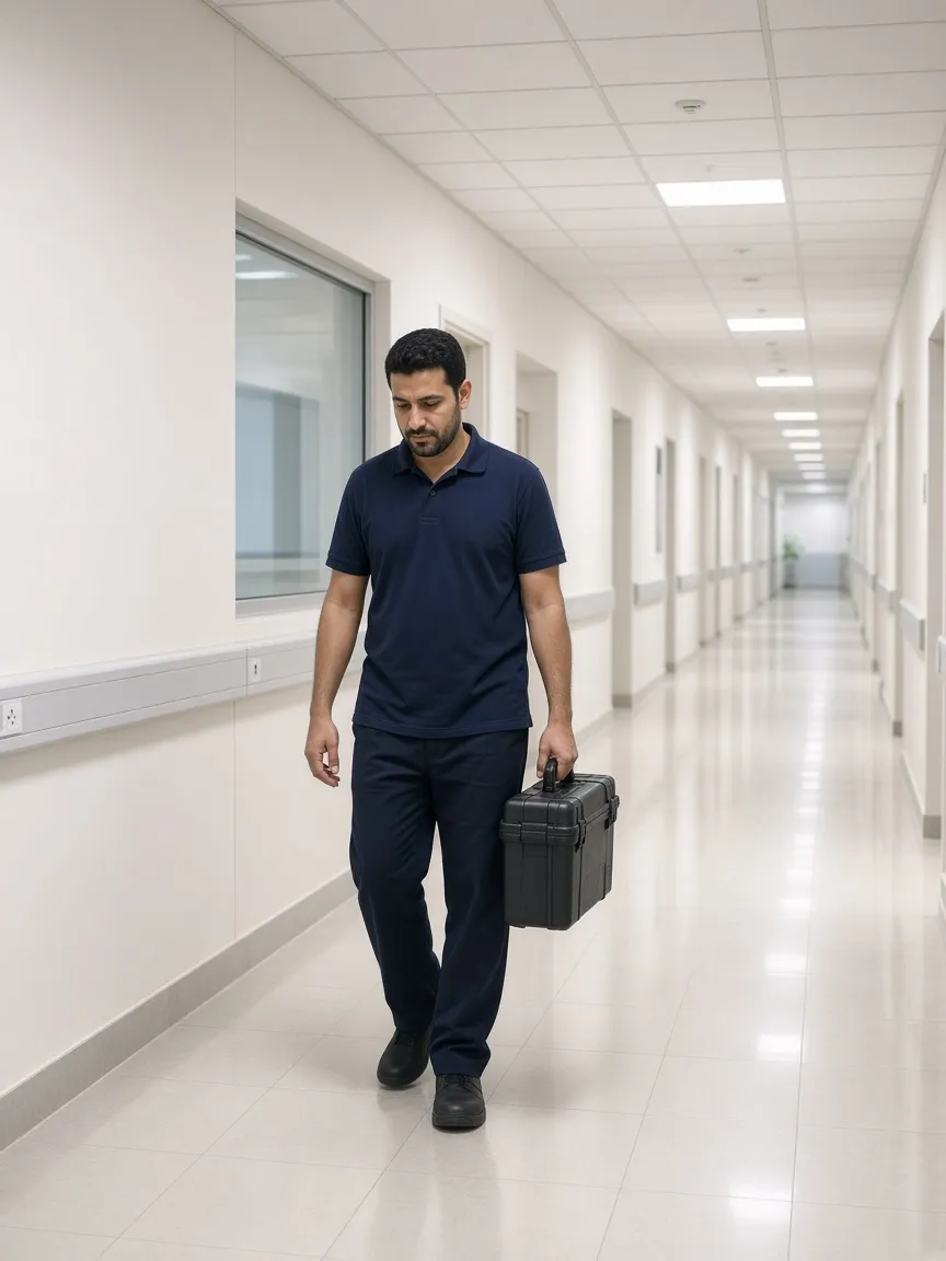 Technician in a quiet hospital corridor