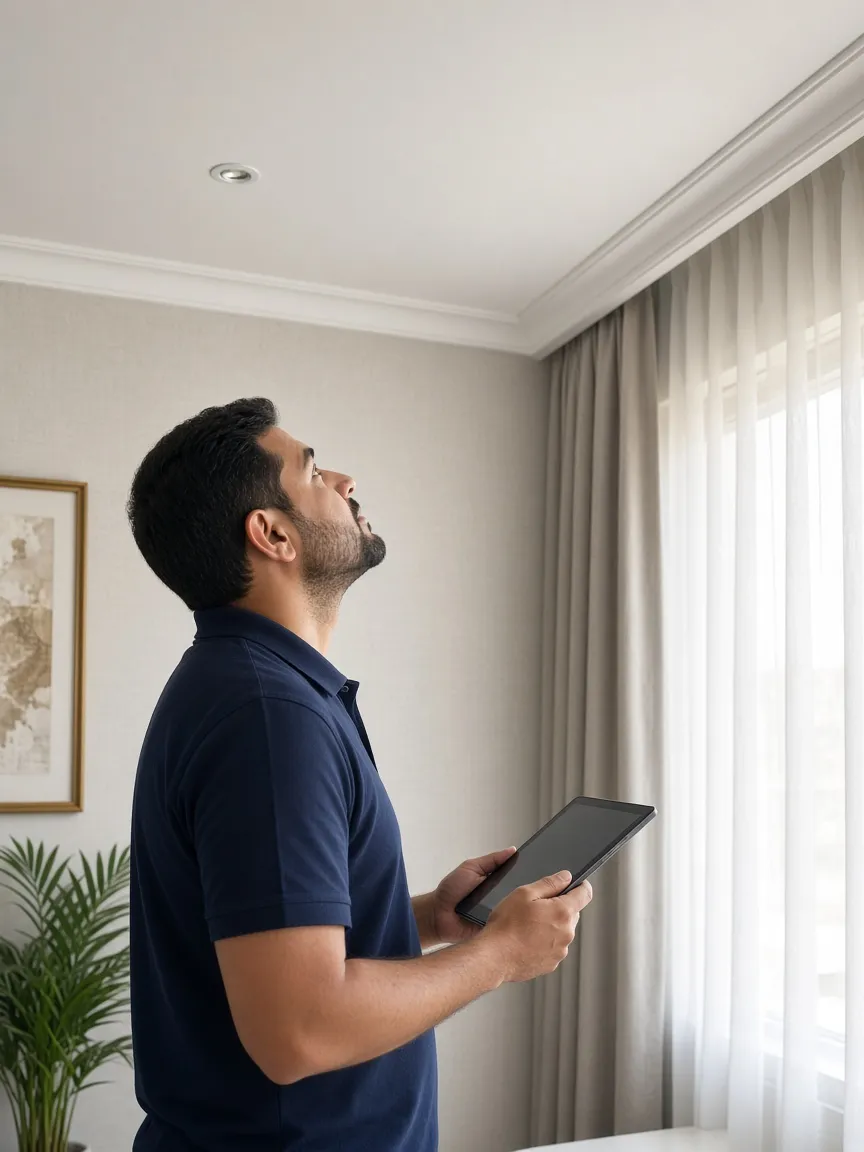 Technician inspecting a ceiling corner with a tablet