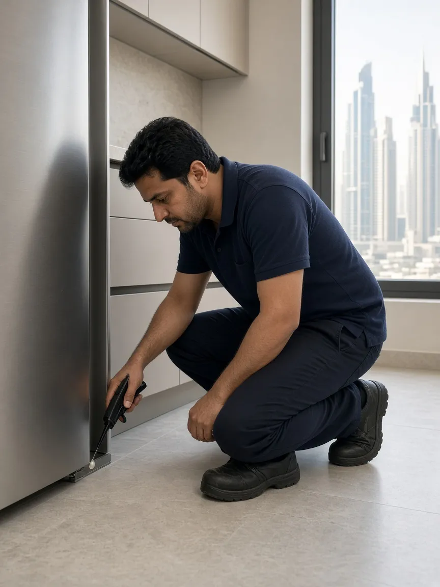 Technician applying gel bait in a Dubai apartment kitchen