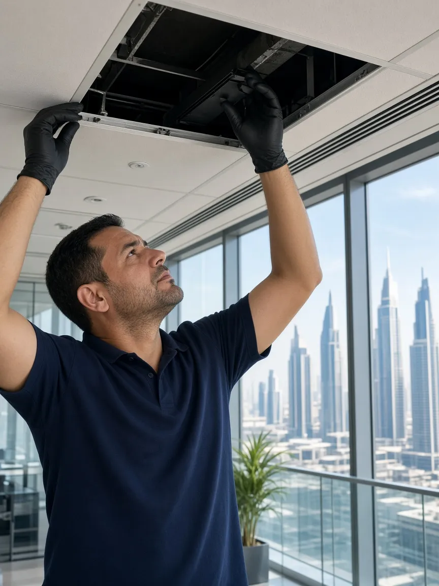 Technician inspecting a ceiling void in a Dubai office