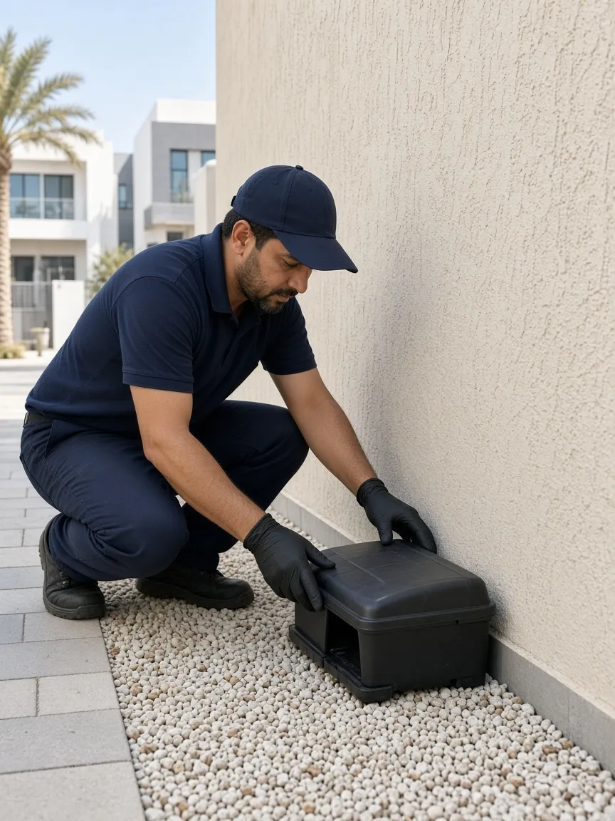 Technician placing an exterior rodent bait station