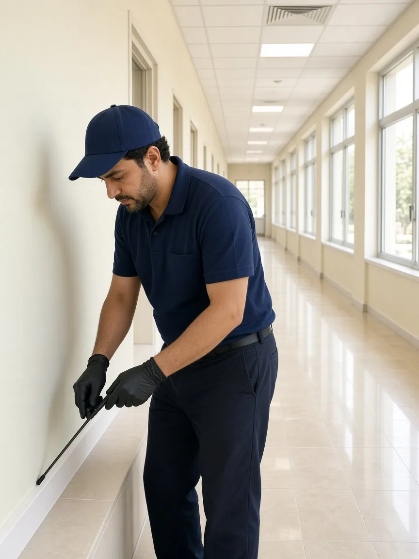 Technician in an empty school corridor