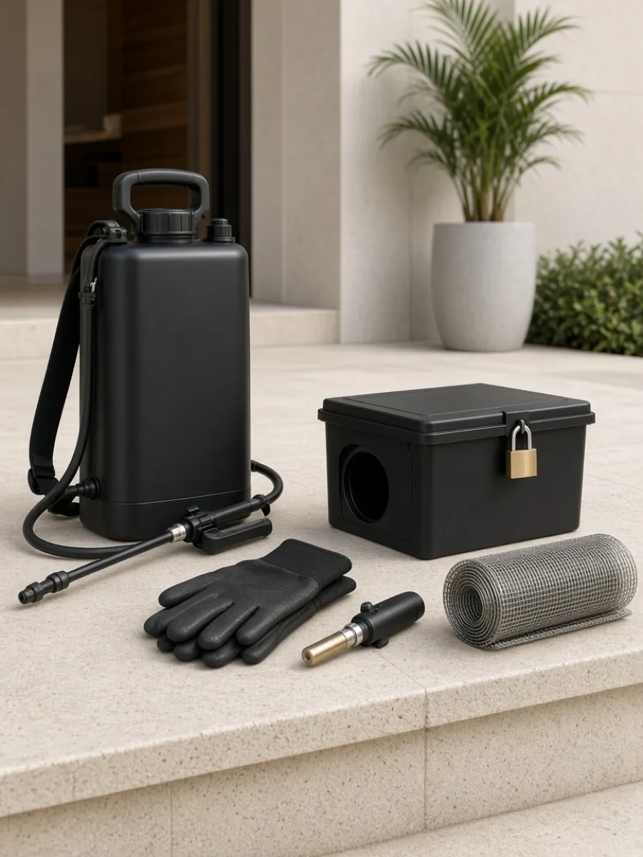 Pest control equipment prepared for a visit