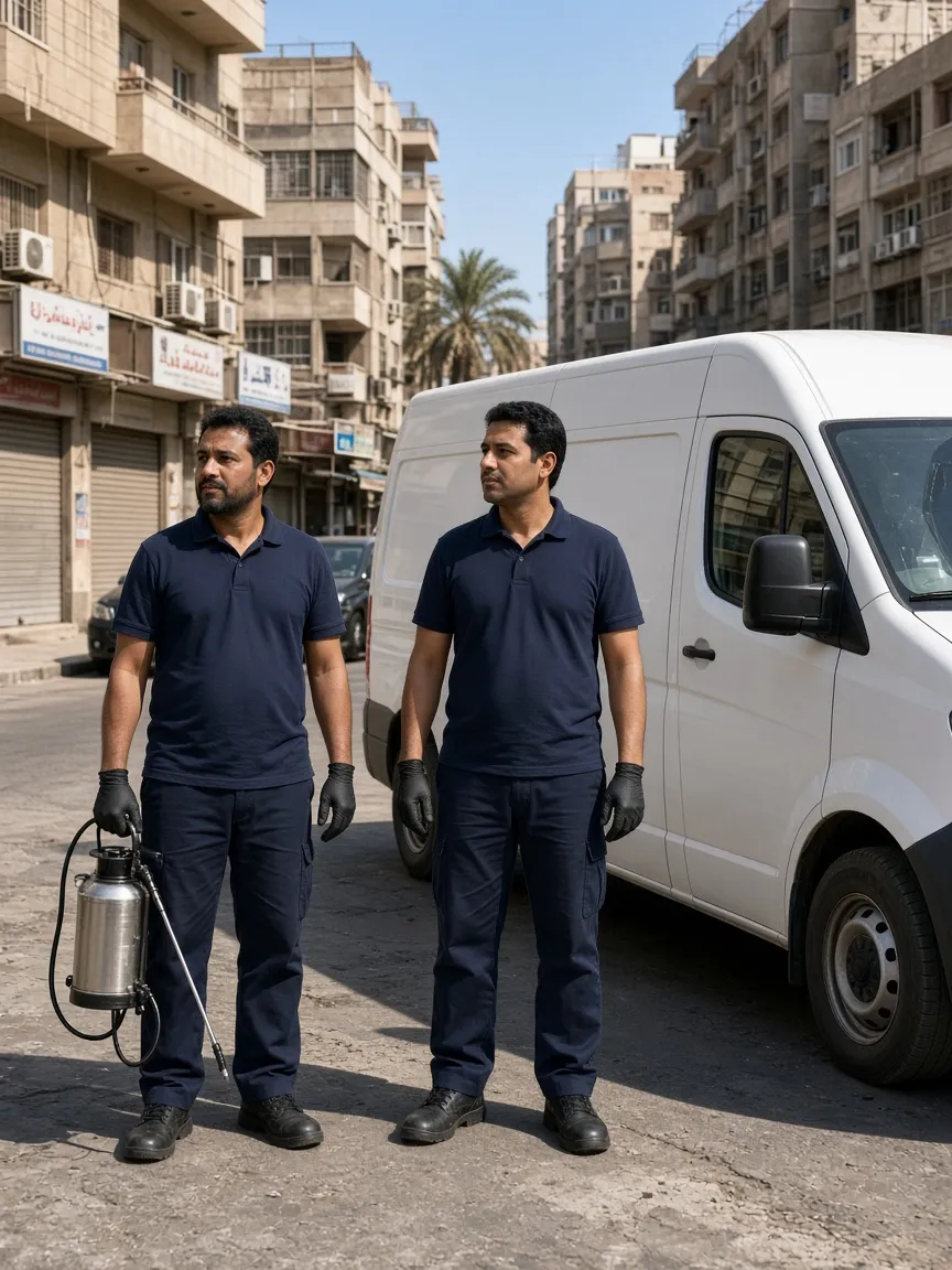 Two technicians beside a service van on a Dubai street