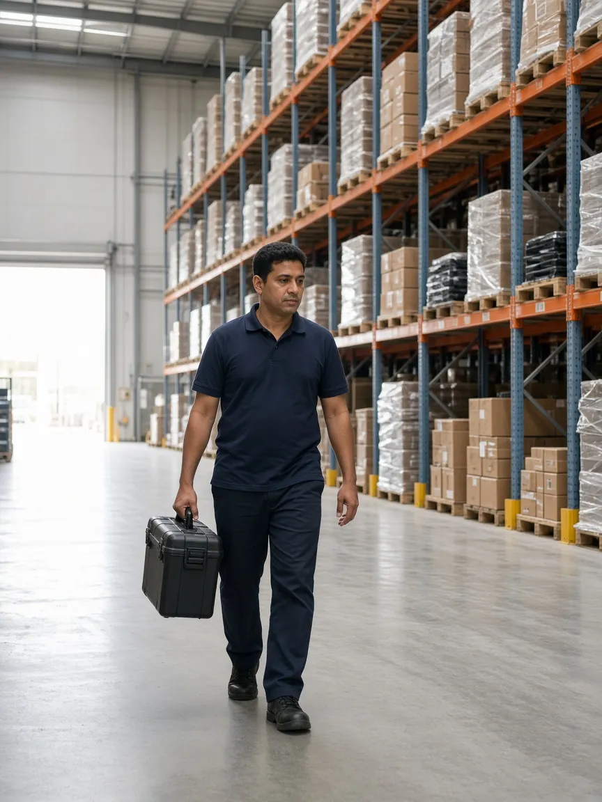 Technician walking a warehouse aisle with a treatment kit